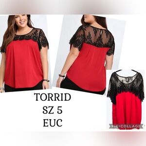 TORRID Red Lace Inset Satin Blouse Sz 5 EUC